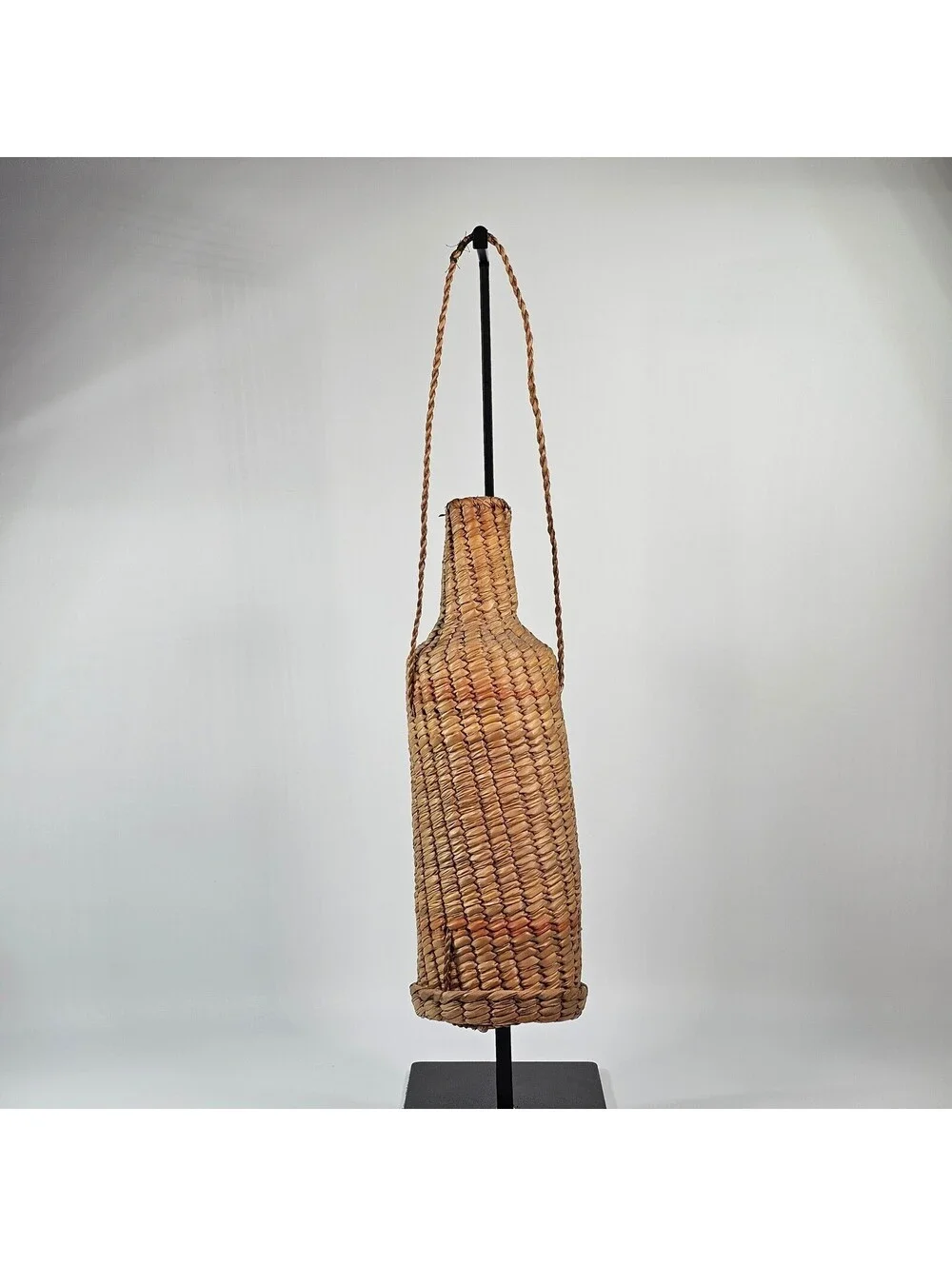 Vintage Hand Woven Straw Bottle Holder Canteen Carrier with Braided Strap